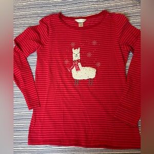 Christopher & Banks Red Striped Festive Christmas Llama Long Sleeve Tee 100% co
